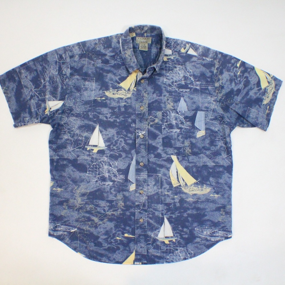 Natural Issue Mens Size L Button Up Hawaiian Short Sleeve Aloha Shirt Sailboats
